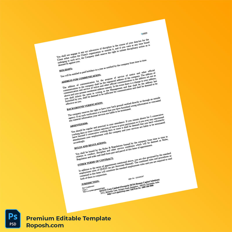 Customizable India Quess Corp Employment Verification Letter Word & PDF Template 8 page Customizable India Quess Corp Employment Verification Letter Word & PDF Template 8 page