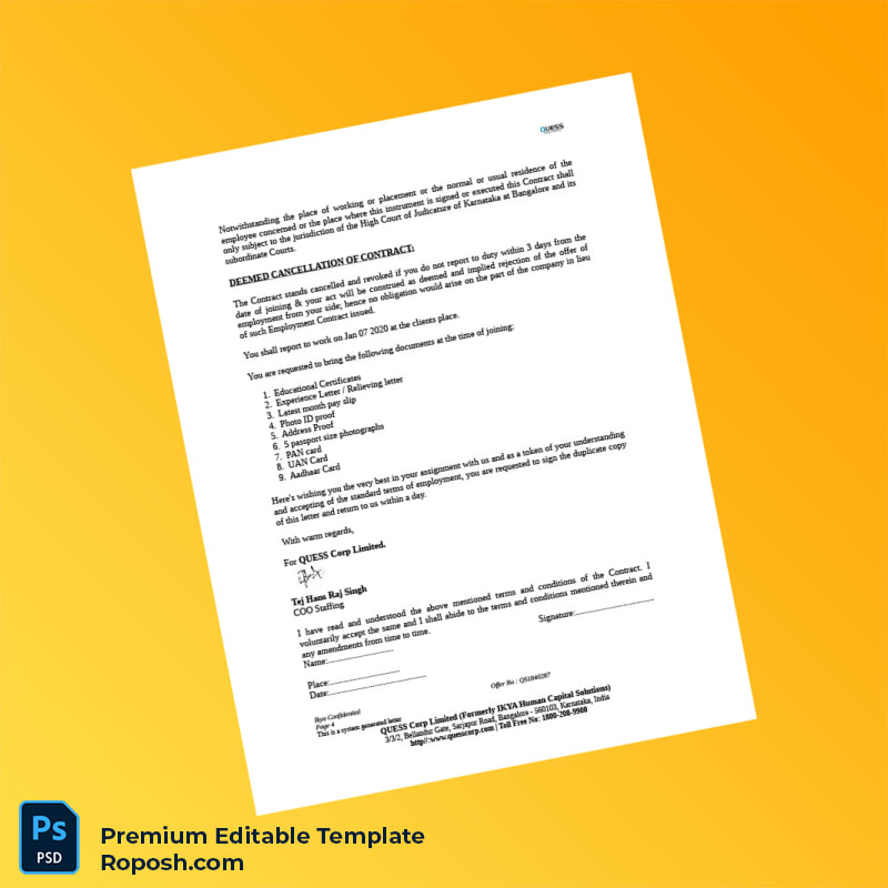 Customizable India Quess Corp Employment Verification Letter Word & PDF Template 8 page Customizable India Quess Corp Employment Verification Letter Word & PDF Template 8 page