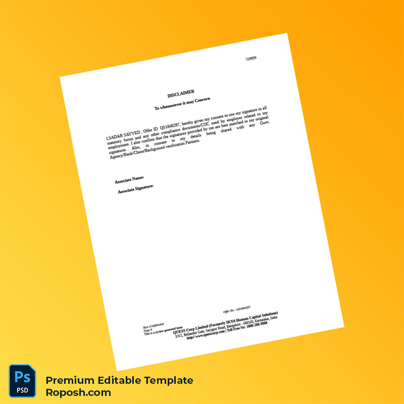 Customizable India Quess Corp Employment Verification Letter Word & PDF Template 8 page Customizable India Quess Corp Employment Verification Letter Word & PDF Template 8 page