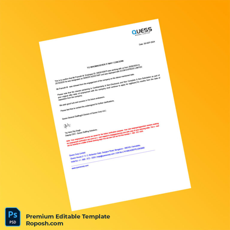 Quess Relieving Letter.pdf Customizable India Quess General Staffing Employment Verification ...