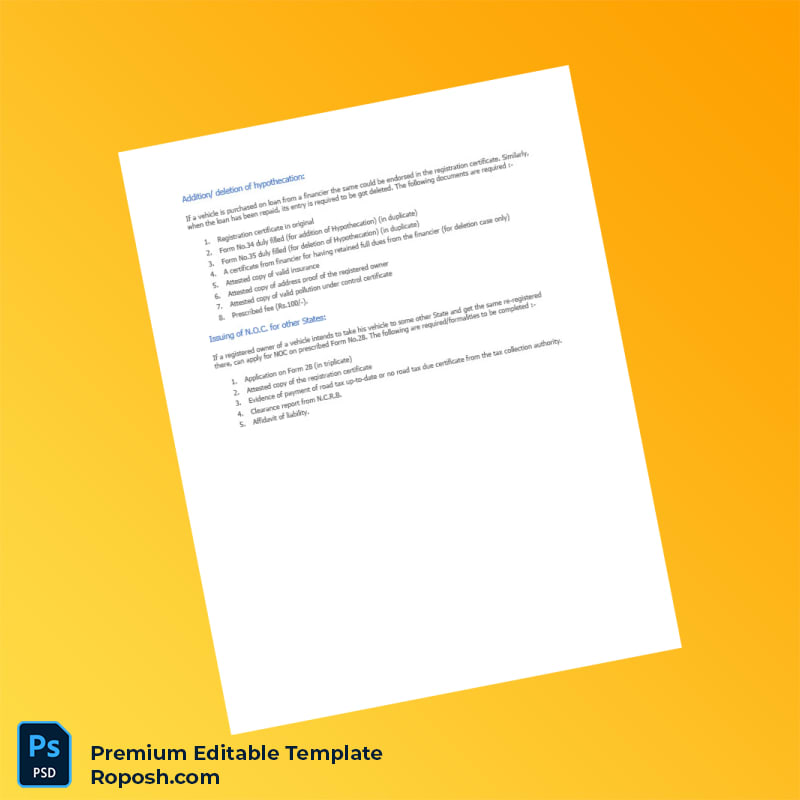 Customizable India RTO Addition Deletion of Hypothecation Registration Certificate Editable Word & PDF Template Customizable India RTO Addition Deletion of Hypothecation Registration Certificate Editable Word & PDF Template
