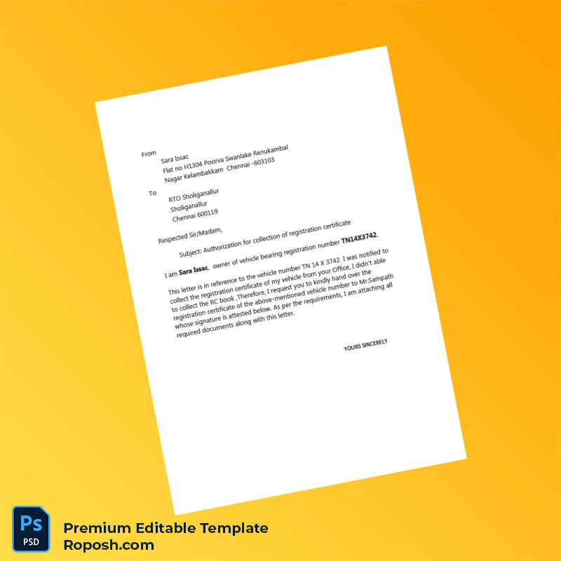 Customizable India RTO Authorization Letter Editable Word & PDF Template Customizable India RTO Authorization Letter Editable Word & PDF Template