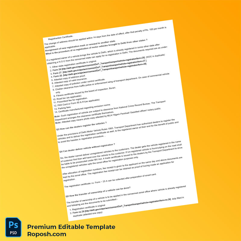 India RTO Vehicle Registration Information Document Editable Word & PDF Template 8 page India RTO Vehicle Registration Information Document Editable Word & PDF Template 8 page