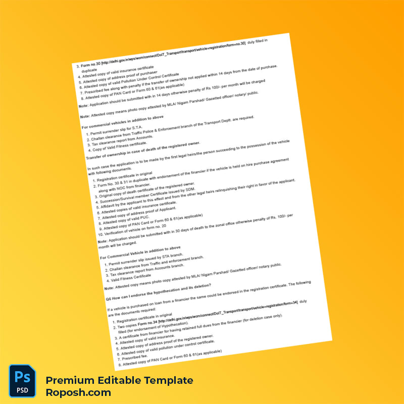 India RTO Vehicle Registration Information Document Editable Word & PDF Template 8 page India RTO Vehicle Registration Information Document Editable Word & PDF Template 8 page