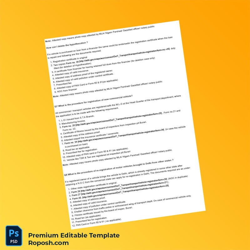 India RTO Vehicle Registration Information Document Editable Word & PDF Template 8 page India RTO Vehicle Registration Information Document Editable Word & PDF Template 8 page