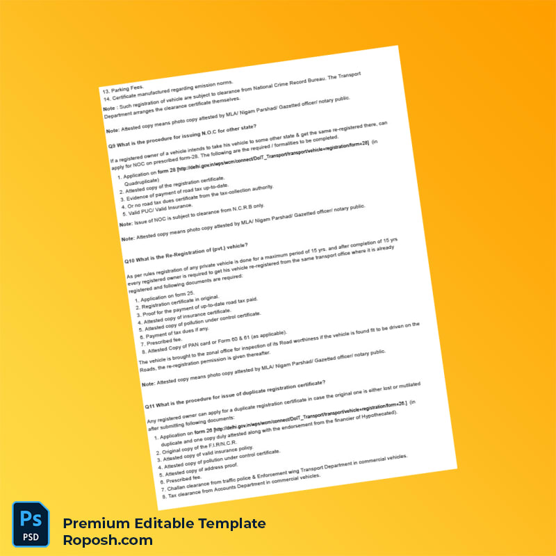 India RTO Vehicle Registration Information Document Editable Word & PDF Template 8 page India RTO Vehicle Registration Information Document Editable Word & PDF Template 8 page