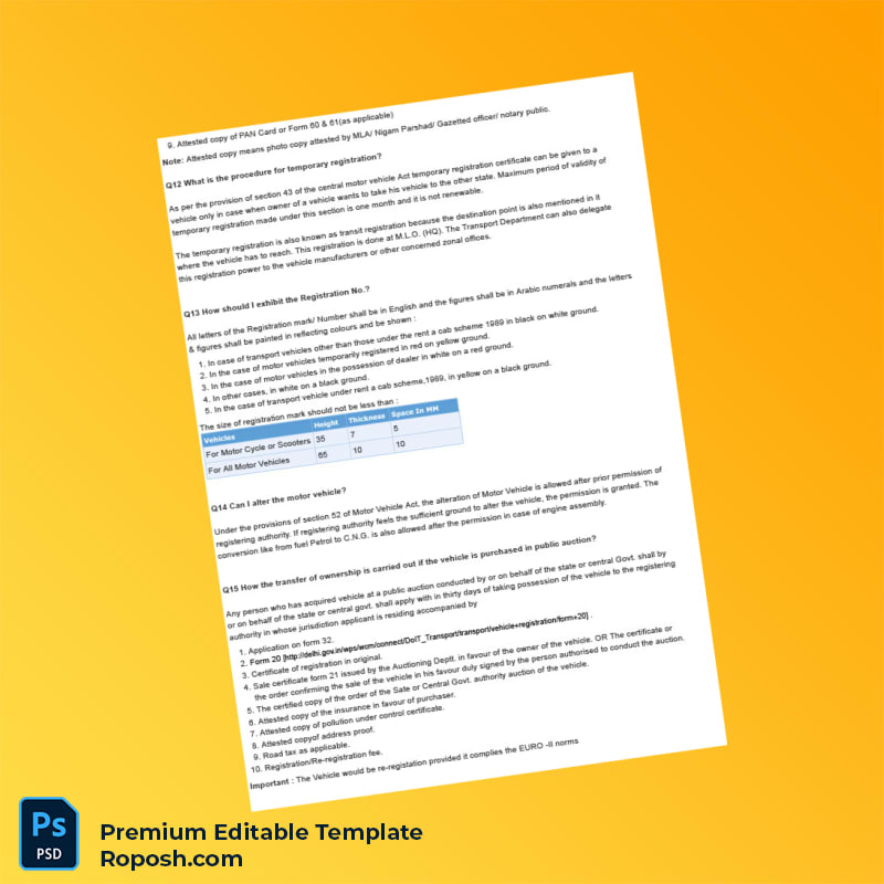 India RTO Vehicle Registration Information Document Editable Word & PDF Template 8 page India RTO Vehicle Registration Information Document Editable Word & PDF Template 8 page