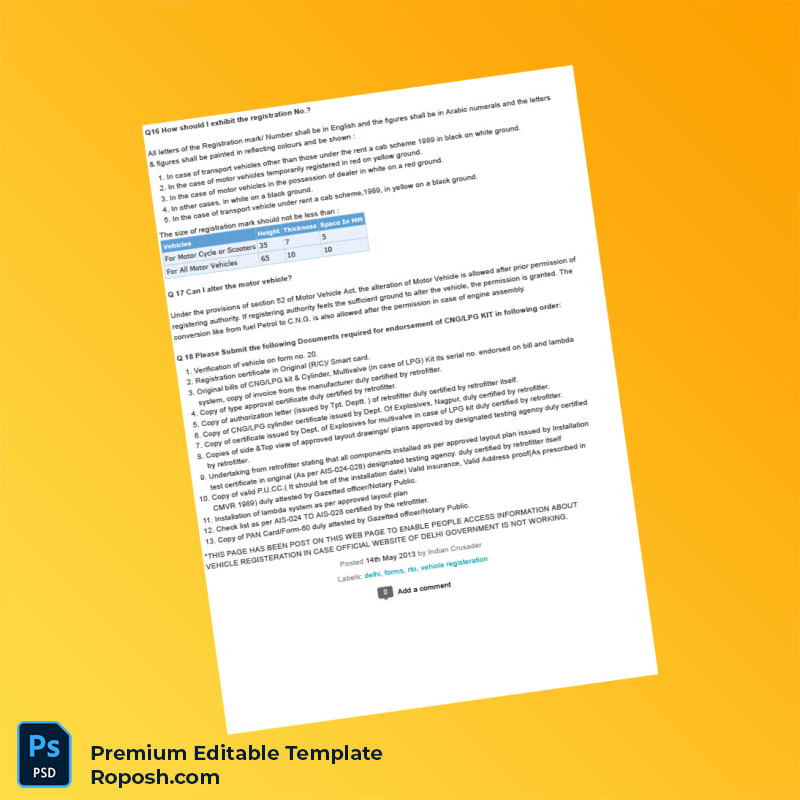 India RTO Vehicle Registration Information Document Editable Word & PDF Template 8 page India RTO Vehicle Registration Information Document Editable Word & PDF Template 8 page