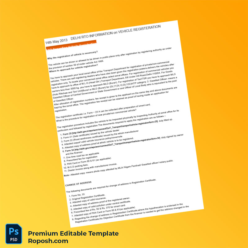 India RTO Vehicle Registration Information Document Editable Word & PDF Template 8 page India RTO Vehicle Registration Information Document Editable Word & PDF Template 8 page