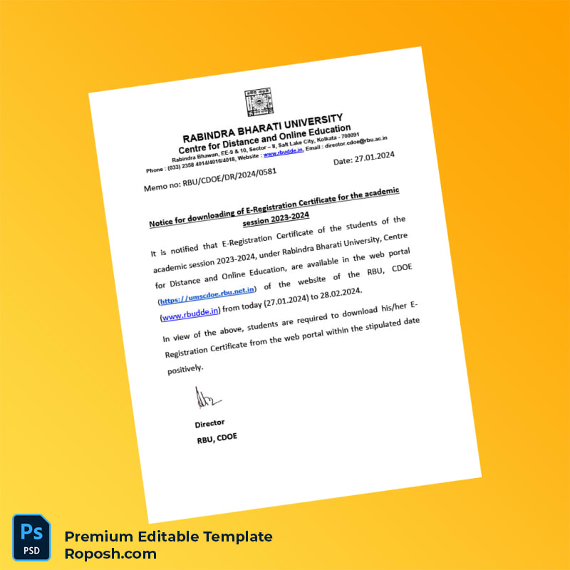 India Rabindra Bharati University E-Registration Certificate Editable Word & PDF Template India Rabindra Bharati University E-Registration Certificate Editable Word & PDF Template