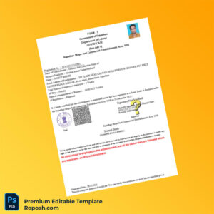 Customizable India Rajasthan Shops and Commercial Establishments Registration Certificate Editable Word & PDF Template