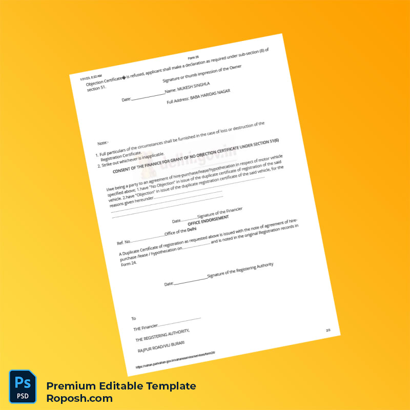 Customizable India Rajpur Road Motor Vehicle Registration Certificate Editable Word & PDF Template 3 page Customizable India Rajpur Road Motor Vehicle Registration Certificate Editable Word & PDF Template 3 page