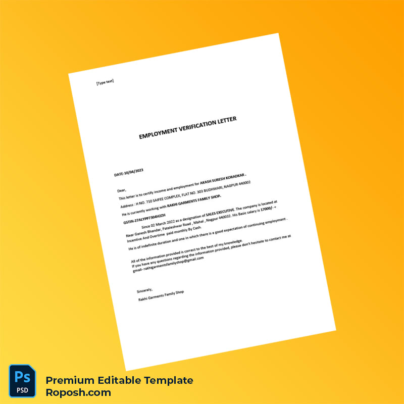 Customizable India Rakhi Garments Family Shop Employment Verification Letter Word & PDF Template Customizable India Rakhi Garments Family Shop Employment Verification Letter Word & PDF Template