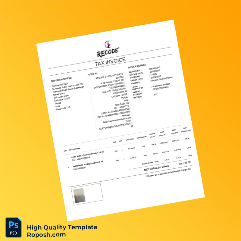 India Recode Studios Private Limited Tax Invoice Template in Word and PDF formats 2 page India Recode Studios Private Limited Tax Invoice Template in Word and PDF formats 2 page