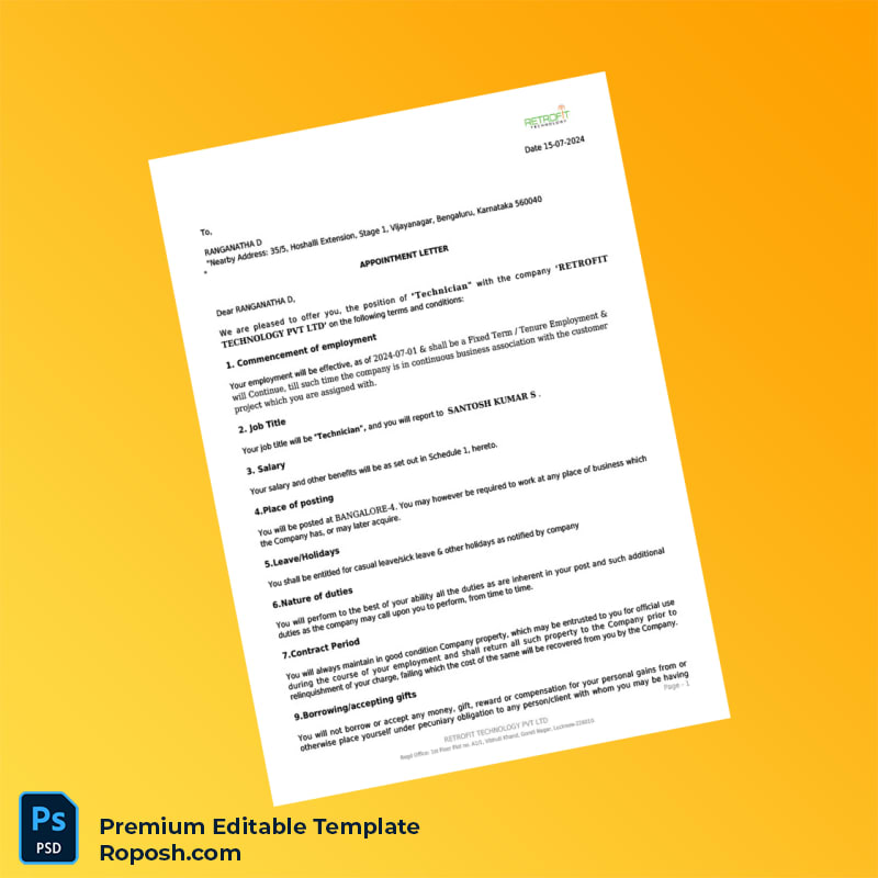 Customizable India Recruity Technology Pvt Ltd Appointment Letter Word & PDF Template 4 page Customizable India Recruity Technology Pvt Ltd Appointment Letter Word & PDF Template 4 page