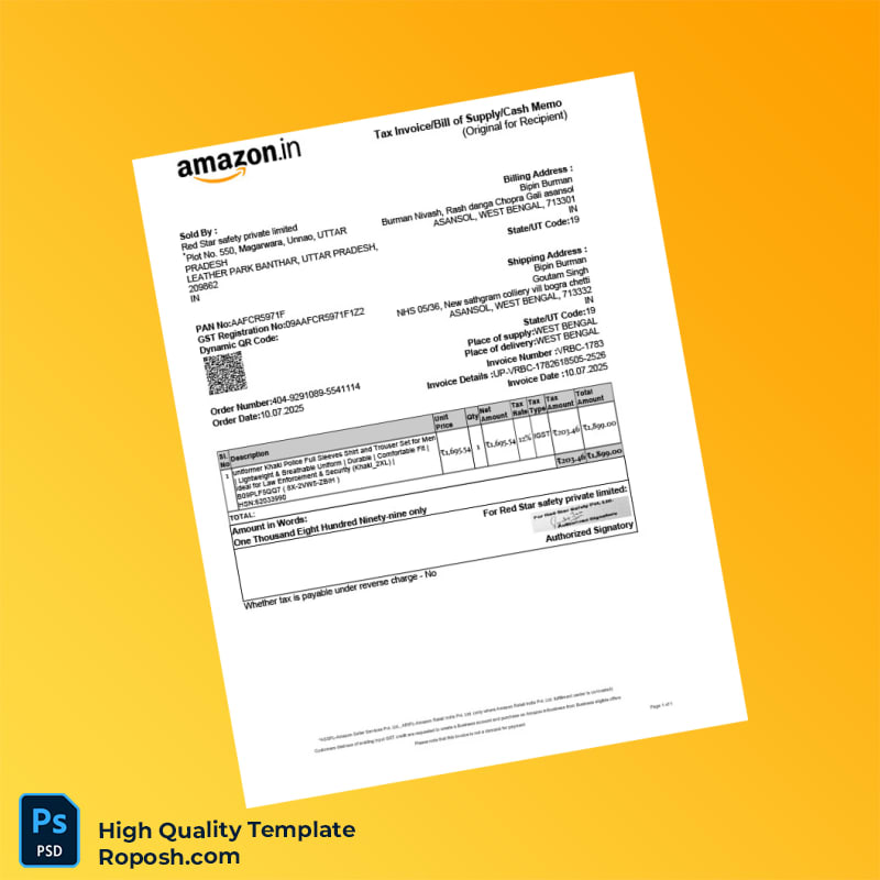 India Red Star Safety Private Limited Invoice Template in Word and PDF formats India Red Star Safety Private Limited Invoice Template in Word and PDF formats