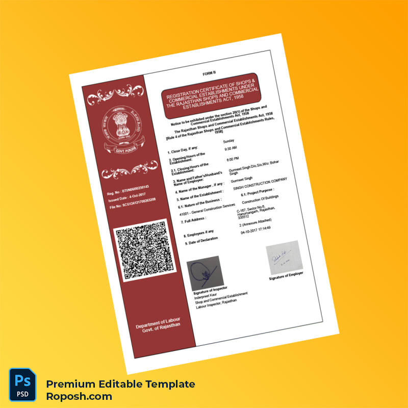 Customizable India Registration Certificate of Shops and Commercial Establishments Editable Word & PDF Template 4 page Customizable India Registration Certificate of Shops and Commercial Establishments Editable Word & PDF Template 4 page
