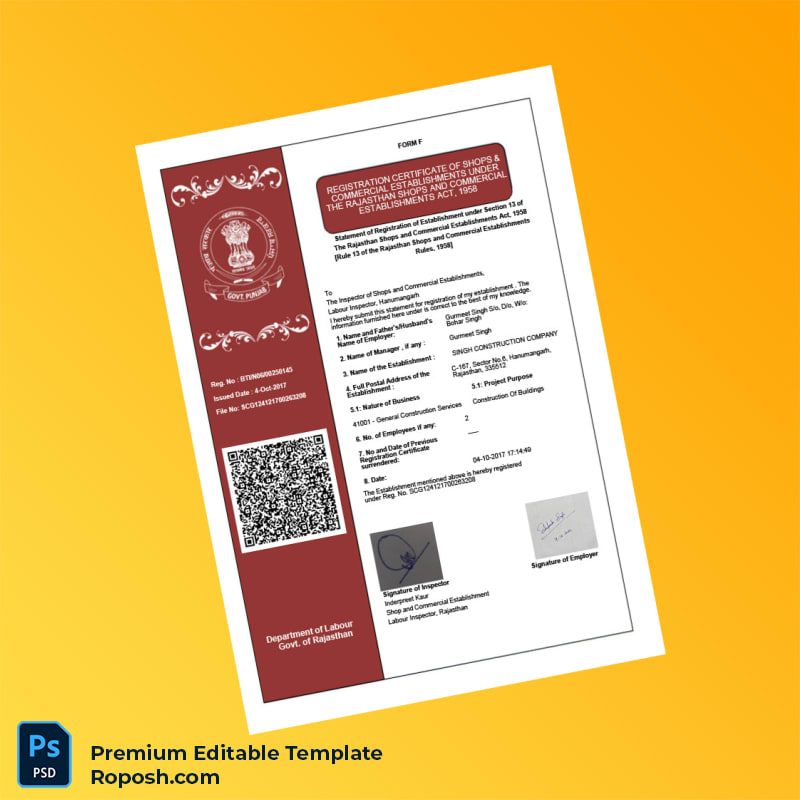 Customizable India Registration Certificate of Shops and Commercial Establishments Editable Word & PDF Template 4 page Customizable India Registration Certificate of Shops and Commercial Establishments Editable Word & PDF Template 4 page