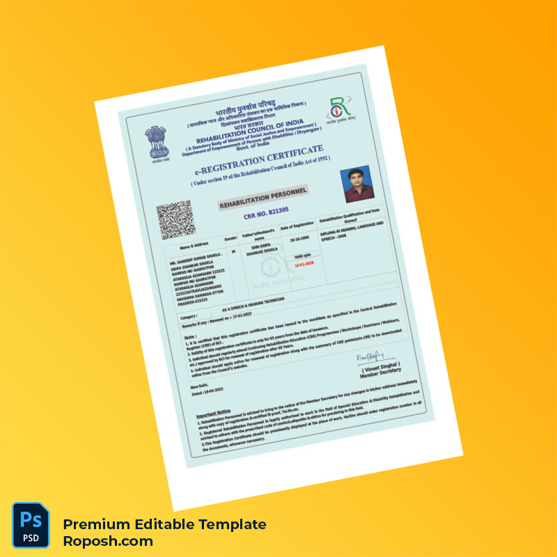 Customizable India Rehabilitation Council e-Registration Certificate Editable Word & PDF Template Customizable India Rehabilitation Council e-Registration Certificate Editable Word & PDF Template