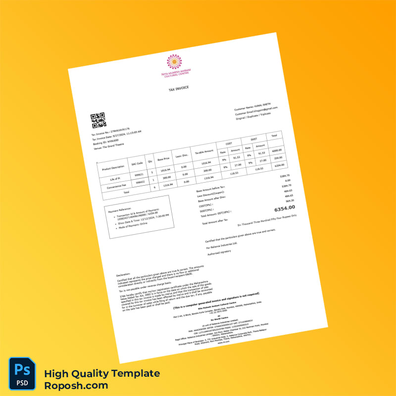 India Reliance Industries Ltd Tax Invoice Template in Word and PDF formats 2 page India Reliance Industries Ltd Tax Invoice Template in Word and PDF formats 2 page