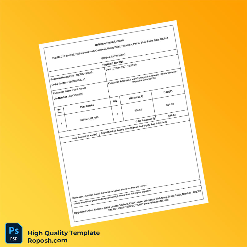 India Reliance Retail Limited Invoice Template in Word and PDF formats 2 page India Reliance Retail Limited Invoice Template in Word and PDF formats 2 page