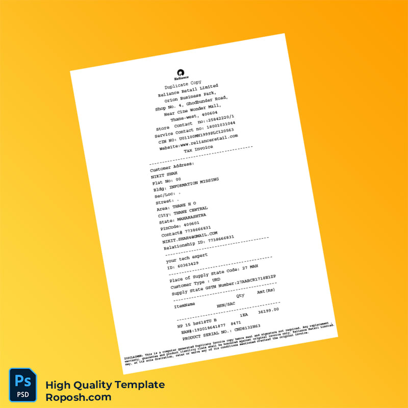 India Reliance Retail Limited Tax Invoice Template in Word and PDF formats 3 page India Reliance Retail Limited Tax Invoice Template in Word and PDF formats 3 page