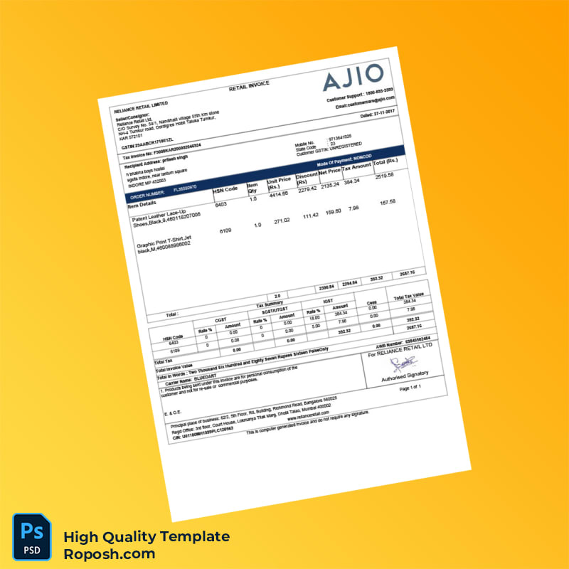 India Reliance Retail Ltd Invoice Template in Word and PDF formats India Reliance Retail Ltd Invoice Template in Word and PDF formats