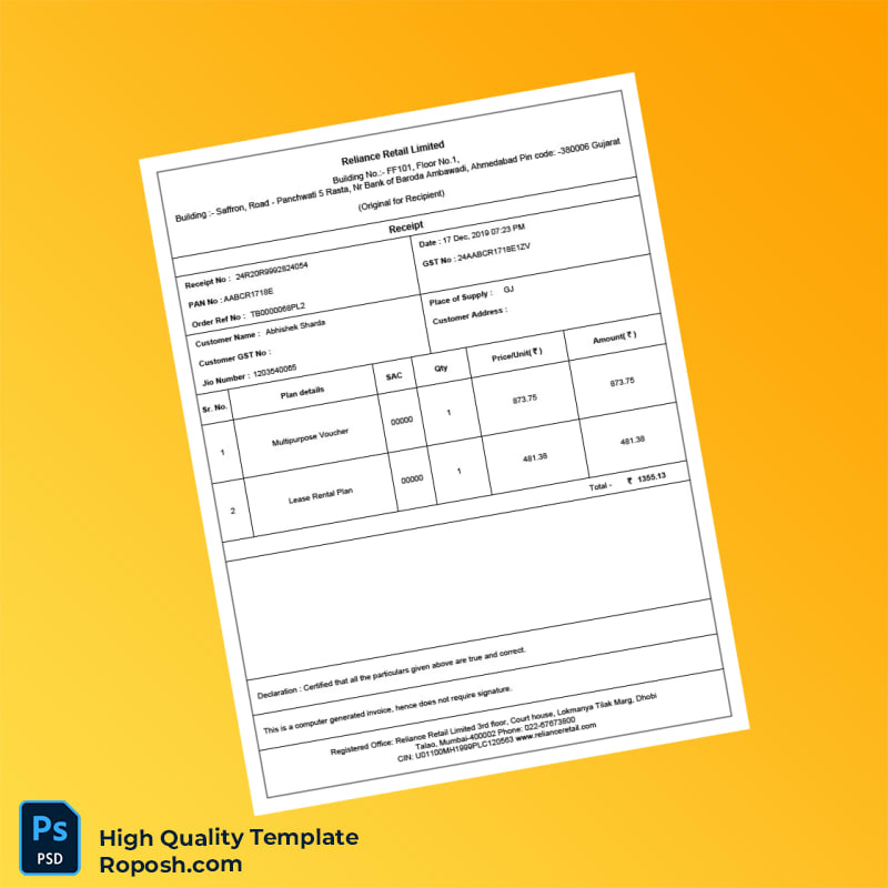 India Reliance Retail Tax Invoice Template in Word and PDF formats 2 page India Reliance Retail Tax Invoice Template in Word and PDF formats 2 page