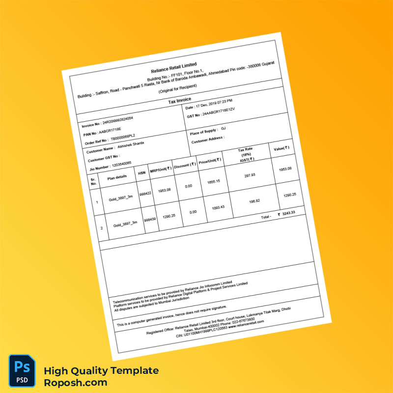 India Reliance Retail Tax Invoice Template in Word and PDF formats 2 page India Reliance Retail Tax Invoice Template in Word and PDF formats 2 page