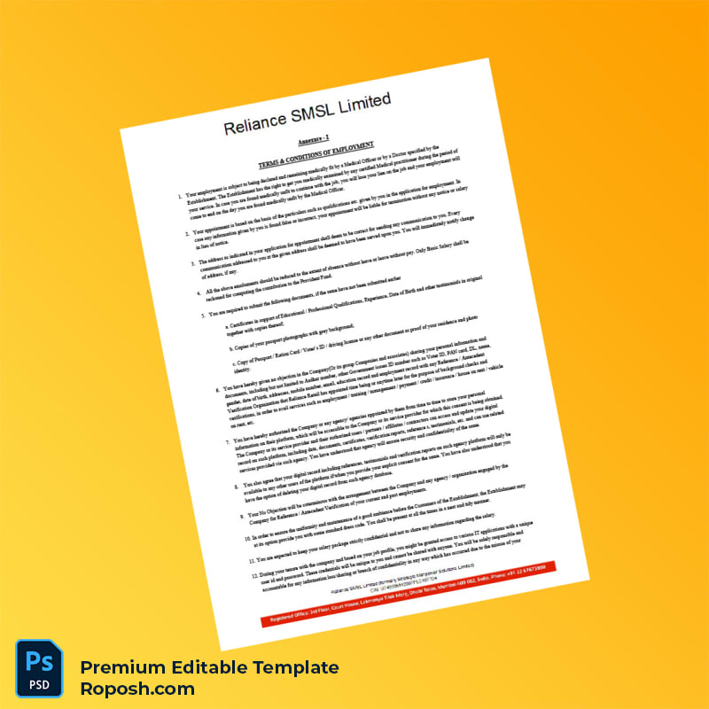 Customizable India Reliance SMSL Limited Offer Letter Word & PDF Template 5 page Customizable India Reliance SMSL Limited Offer Letter Word & PDF Template 5 page