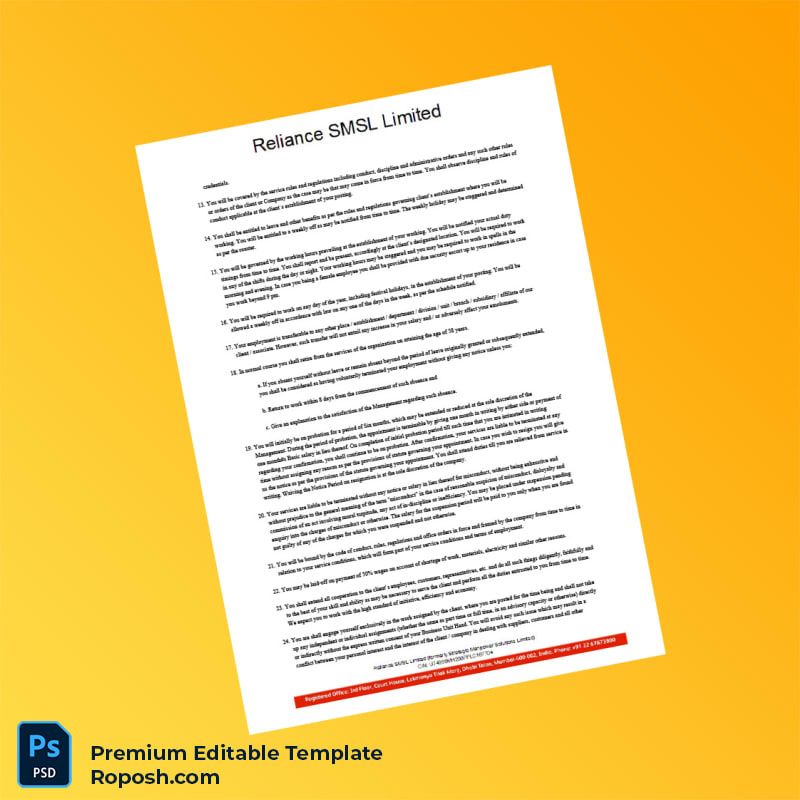 Customizable India Reliance SMSL Limited Offer Letter Word & PDF Template 5 page Customizable India Reliance SMSL Limited Offer Letter Word & PDF Template 5 page