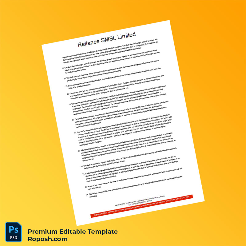 Customizable India Reliance SMSL Limited Offer Letter Word & PDF Template 5 page Customizable India Reliance SMSL Limited Offer Letter Word & PDF Template 5 page