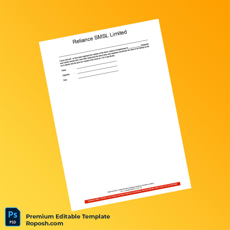 Customizable India Reliance SMSL Limited Offer Letter Word & PDF Template 5 page Customizable India Reliance SMSL Limited Offer Letter Word & PDF Template 5 page