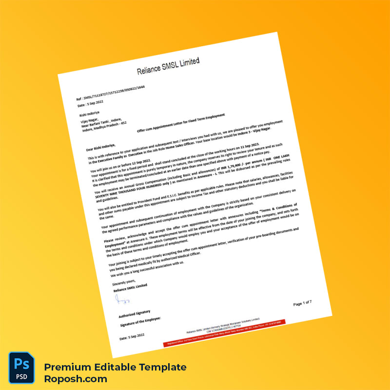 Customizable India Reliance SMSL Limited Salary Certificate Word & PDF Template 7 page Customizable India Reliance SMSL Limited Salary Certificate Word & PDF Template 7 page