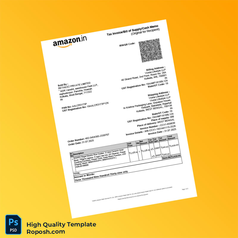 India Retailiez Private Limited Tax Invoice Template in Word and PDF formats 2 page India Retailiez Private Limited Tax Invoice Template in Word and PDF formats 2 page
