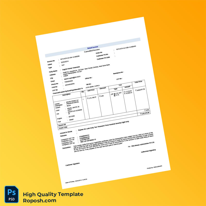 India Ritu Nissan Automobiles Pvt Ltd Invoice Template in Word and PDF formats India Ritu Nissan Automobiles Pvt Ltd Invoice Template in Word and PDF formats