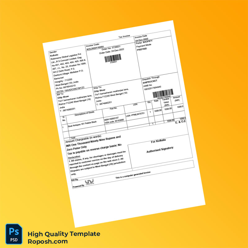 India Robinsons Global Logistics Pvt Ltd Invoice Template in Word and PDF formats India Robinsons Global Logistics Pvt Ltd Invoice Template in Word and PDF formats