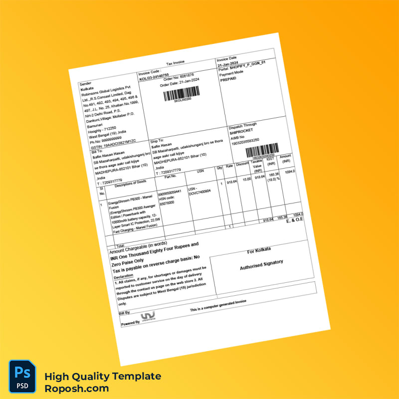 India Robinsons Global Logistics Pvt Ltd Tax Invoice Template in Word and PDF formats India Robinsons Global Logistics Pvt Ltd Tax Invoice Template in Word and PDF formats