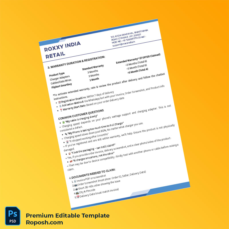 Customizable India RoxxY India Warranty Registration Certificate Editable Word & PDF Template 4 page Customizable India RoxxY India Warranty Registration Certificate Editable Word & PDF Template 4 page