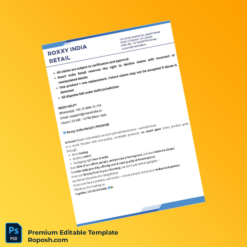 Customizable India RoxxY India Warranty Registration Certificate Editable Word & PDF Template 4 page Customizable India RoxxY India Warranty Registration Certificate Editable Word & PDF Template 4 page