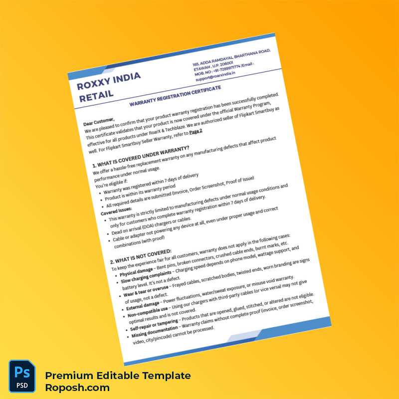 Customizable India RoxxY India Warranty Registration Certificate Editable Word & PDF Template 4 page Customizable India RoxxY India Warranty Registration Certificate Editable Word & PDF Template 4 page
