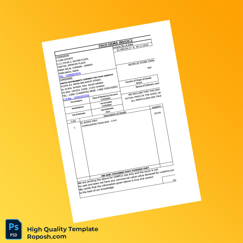 India S Cube Exports Proforma Invoice Template in Word and PDF formats 6 page India S Cube Exports Proforma Invoice Template in Word and PDF formats 6 page