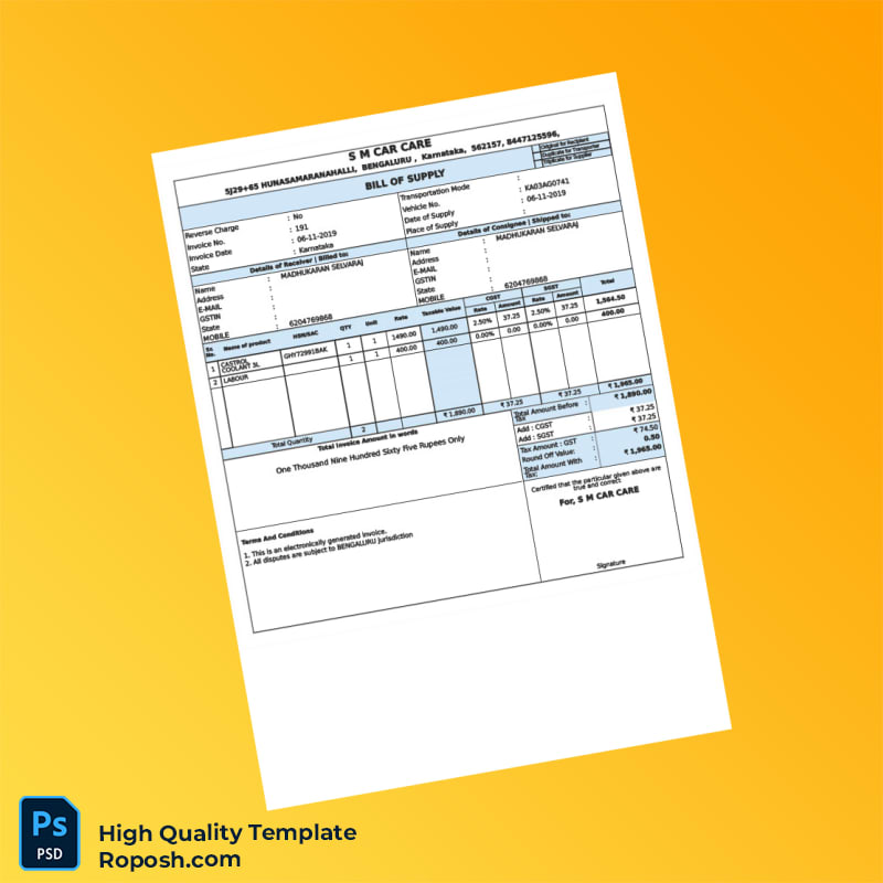 India S M Car Care Invoice Template in Word and PDF formats India S M Car Care Invoice Template in Word and PDF formats