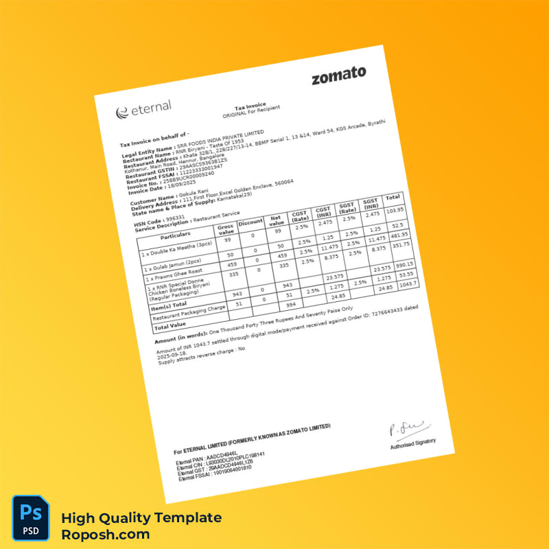 India SRR Foods India Private Limited Tax Invoice Template in Word and PDF formats 2 page India SRR Foods India Private Limited Tax Invoice Template in Word and PDF formats 2 page