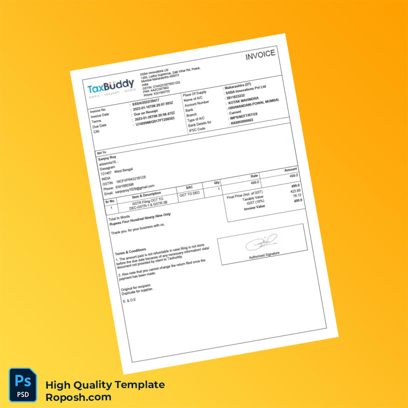 India SSBA Innovations Pvt Ltd Invoice Template in Word and PDF formats India SSBA Innovations Pvt Ltd Invoice Template in Word and PDF formats