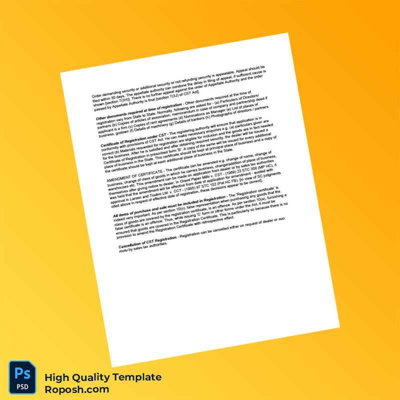 India Sales Tax Department Editable CST Registration Certificate Template in Word and PDF formats 2 page India Sales Tax Department Editable CST Registration Certificate Template in Word and PDF formats 2 page