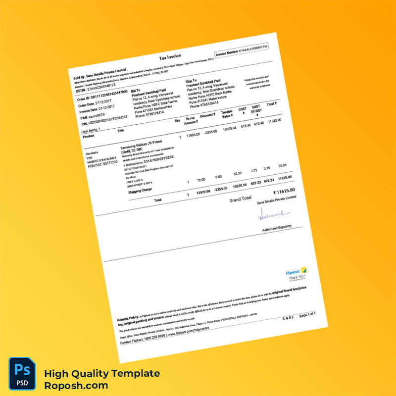 India Sane Retails Private Limited Invoice Template in Word and PDF formats India Sane Retails Private Limited Invoice Template in Word and PDF formats