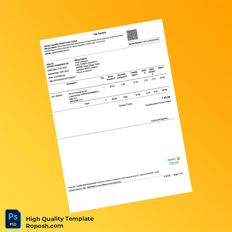 India Savadika Retail Private Limited Tax Invoice Template in Word and PDF formats 2 page India Savadika Retail Private Limited Tax Invoice Template in Word and PDF formats 2 page