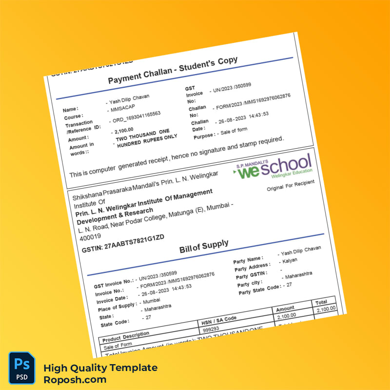 India Shikshana Prasaraka Mandali s Prin L N Welingkar Institute Of Management Development Research Bill of Supply Template in W 3 page India Shikshana Prasaraka Mandali s Prin L N Welingkar Institute Of Management Development Research Bill of Supply Template in W 3 page