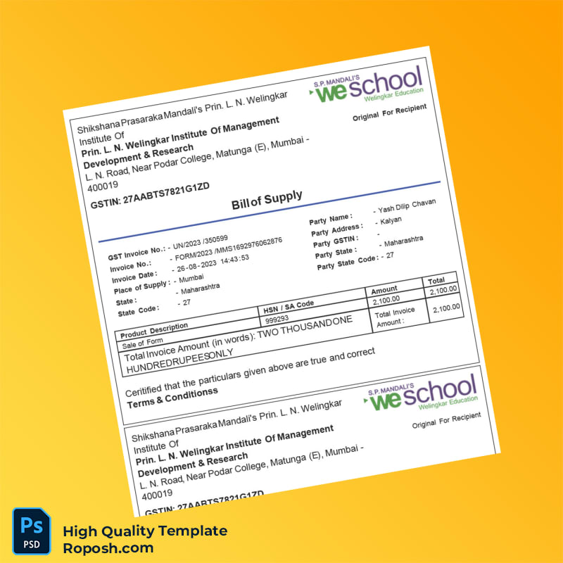 India Shikshana Prasaraka Mandali s Prin L N Welingkar Institute Of Management Development Research Bill of Supply Template in W 3 page India Shikshana Prasaraka Mandali s Prin L N Welingkar Institute Of Management Development Research Bill of Supply Template in W 3 page